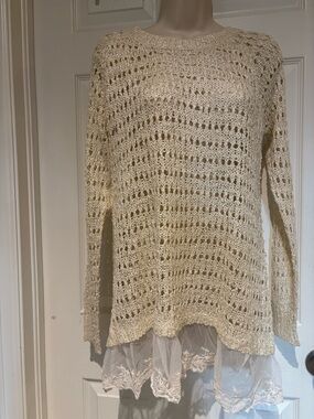 NWT A'Reve Cream Open-Knit Scoop Neck Sweater with Lace Hem